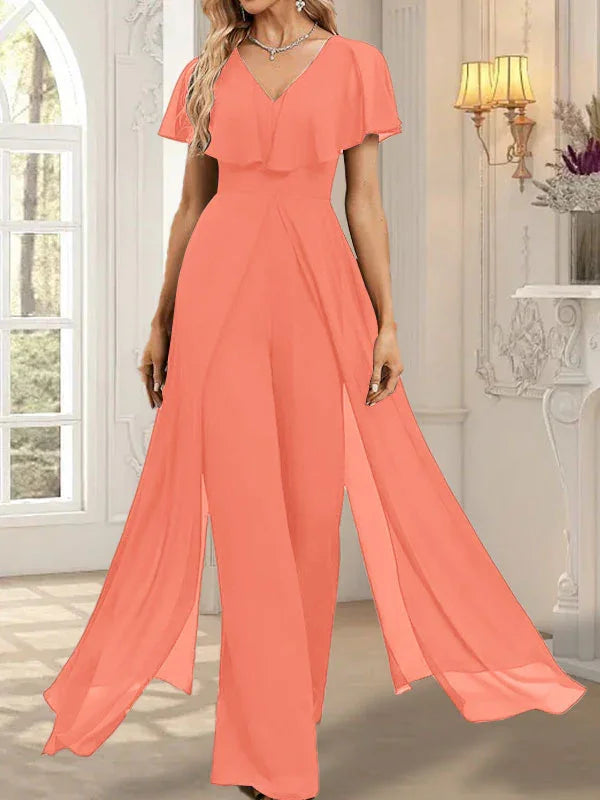 فستان سهرة شيفون طويل بطول الأرض وياقة على شكل حرف V بدلة قفز/بدلة بنطلون