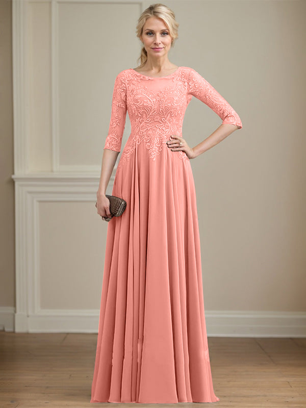 A-Linie, U-Ausschnitt, Illusion, bodenlanges Spitzen-Chiffon-Kleid für die Brautmutter mit Pailletten 