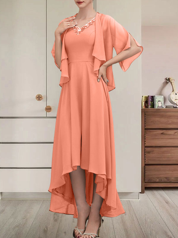 Vestido de gasa asimétrico para madre de la novia con escote en V, corte A y lentejuelas con abalorios