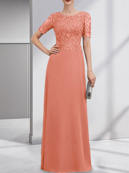 A-Linie U-Ausschnitt Bodenlang Spitzen-Chiffon-Kleid für die Brautmutter mit Pailletten