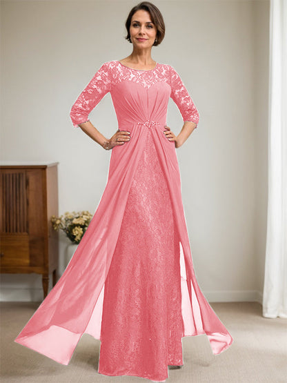A-Linie U-Ausschnitt Illusion Bodenlang Spitzen Chiffon Mutter der Braut Kleid mit Perlenbesatz Rüschen 