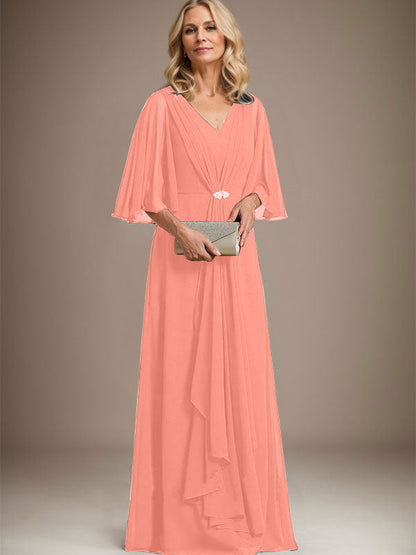 A-line V-Neck Floor-Length Chiffon Mother of the Bride Dress With Cascading Ruffles Crystal Brooch