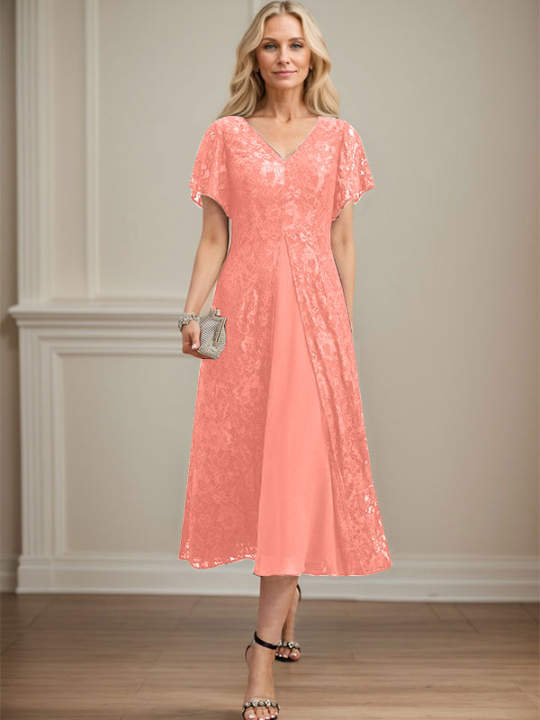 A-Linie V-Ausschnitt Wadenlanges Chiffon-Kleid für die Brautmutter 