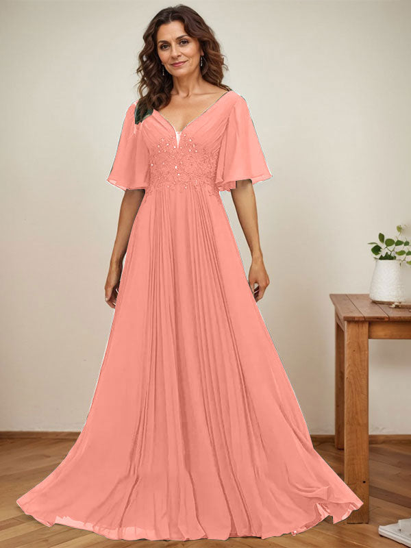 A-Linie V-Ausschnitt Bodenlang Chiffon Mutter der Braut Kleid Mit Pailletten Applikationen Spitze Plissee 