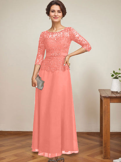 A-Linie, U-Ausschnitt, Illusion, knöchellang, Chiffon, Spitze, Kleid für die Brautmutter mit Strass-Perlen 
