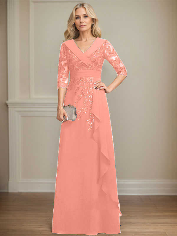 Robe de mère de la mariée en mousseline de soie à col en V, longueur au sol, ligne A, avec dentelle, paillettes et volants en cascade