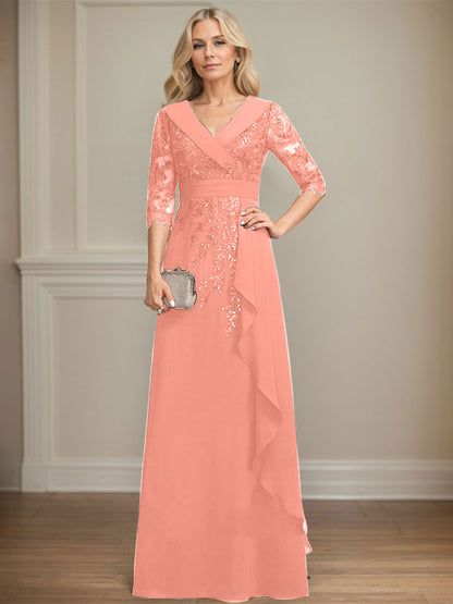Vestido de madre de la novia de gasa con encaje, escote en V, corte A y largo hasta el suelo, con lentejuelas y volantes en cascada 