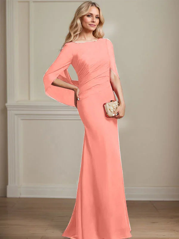 Vestido de madrina de novia de gasa con cuello barco estilo trompeta/cola de sirena y largo hasta el suelo con pliegues