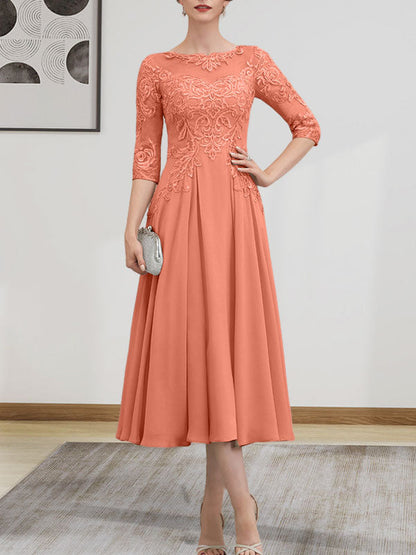 A-Linie, U-Ausschnitt, Illusion, knielang, Chiffon, Spitze, Kleid für die Brautmutter mit Perlen und Pailletten