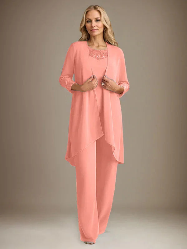بدلة بنطلون الأم العروس بأكمام طويلة من الشيفون وياقة دائرية مع سترة