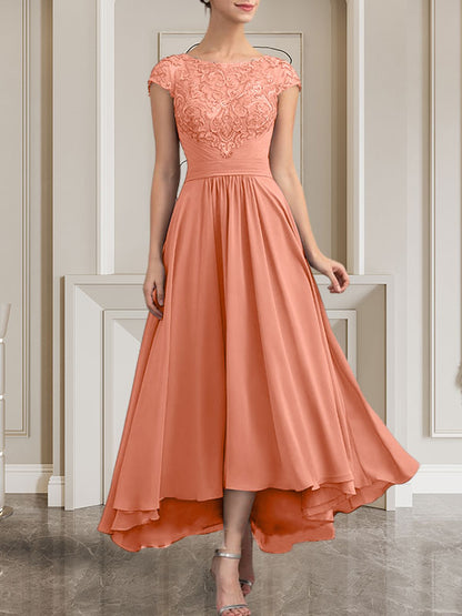 A-Linie U-Ausschnitt Bodenlang Spitzen-Chiffon-Kleid für die Brautmutter mit Pailletten