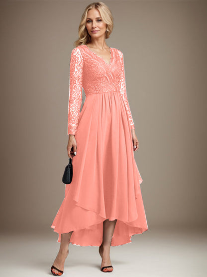 A-line V-Neck Asymmetrical Lace Chiffon Mother of the Bride Dress