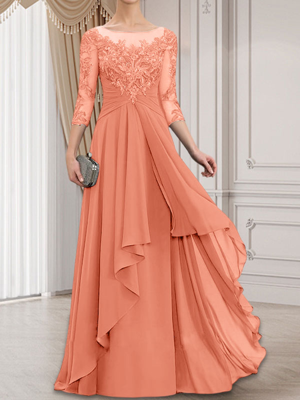 A-Linie, U-Ausschnitt, Illusion, bodenlanges Chiffon-Kleid für die Brautmutter mit kaskadierenden Rüschen