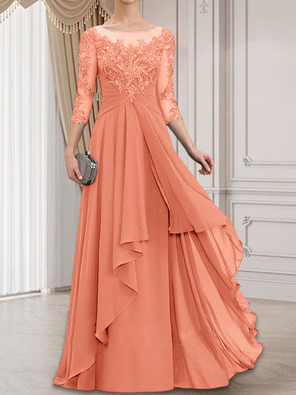 A-Linie, U-Ausschnitt, Illusion, bodenlanges Chiffon-Kleid für die Brautmutter mit kaskadierenden Rüschen