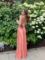 Blue A Line V Neck Beaded Back Tie Long Prom Dress