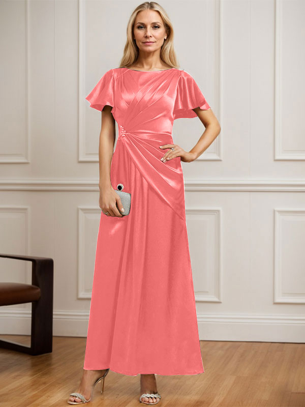 Robe de mère de la mariée en satin extensible, longueur cheville, en ligne A, décolleté arrondi, ornée de perles plissées
