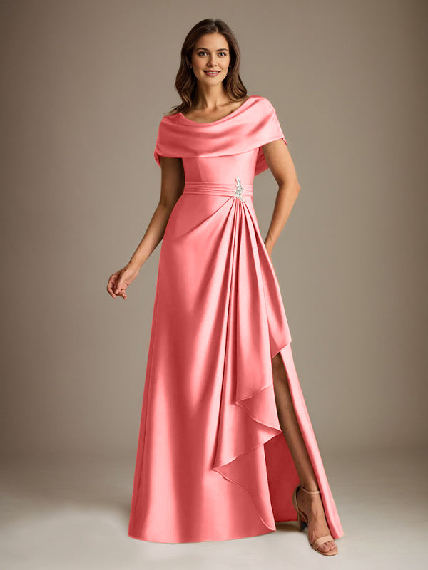 Robe de mère de la mariée en satin extensible, longueur au sol, coupe en A avec encolure dégagée et volants en cascade