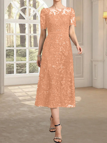A-Linie, U-Ausschnitt, Illusion, knielang, Spitze, Kleid für die Brautmutter mit Pailletten