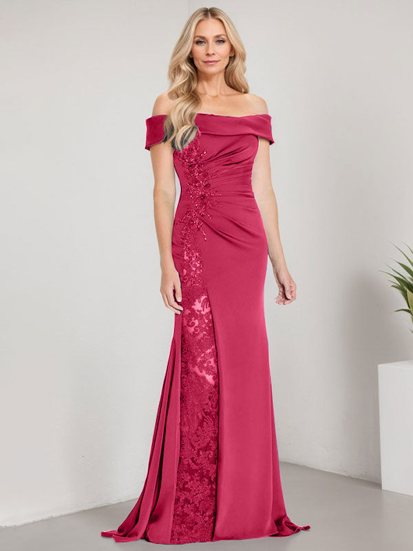 Robe de mère de la mariée longue jusqu'au sol, ligne A, épaules dénudées, appliques et perles, robe sirène avec fente haute