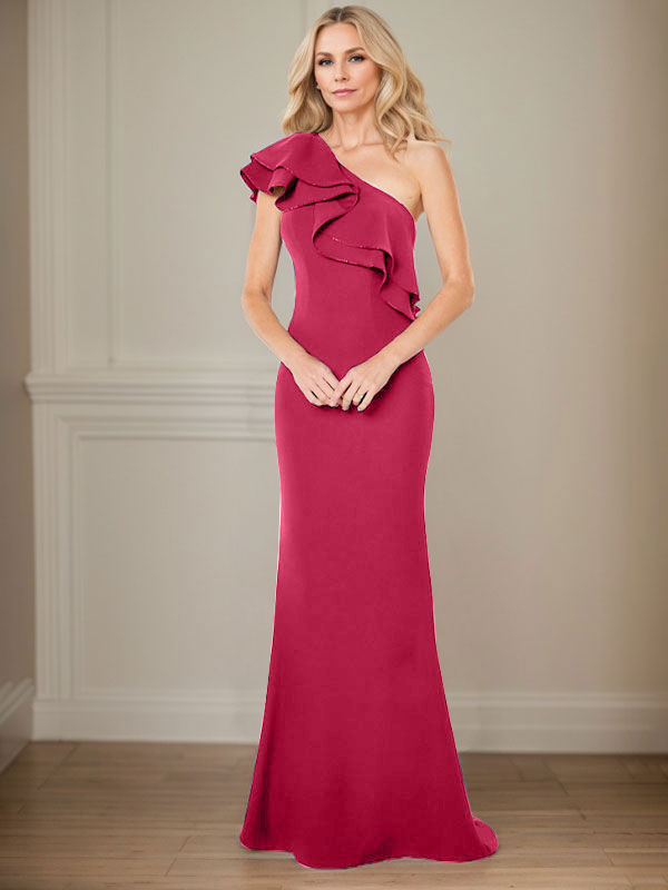 Robe de mère de la mariée en mousseline, longueur au sol, coupe en A, à une épaule avec volants