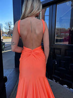 Bright Orange Plunging V Neck Sheath Prom Dress With Slit