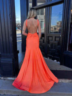 Bright Orange Plunging V Neck Sheath Prom Dress With Slit