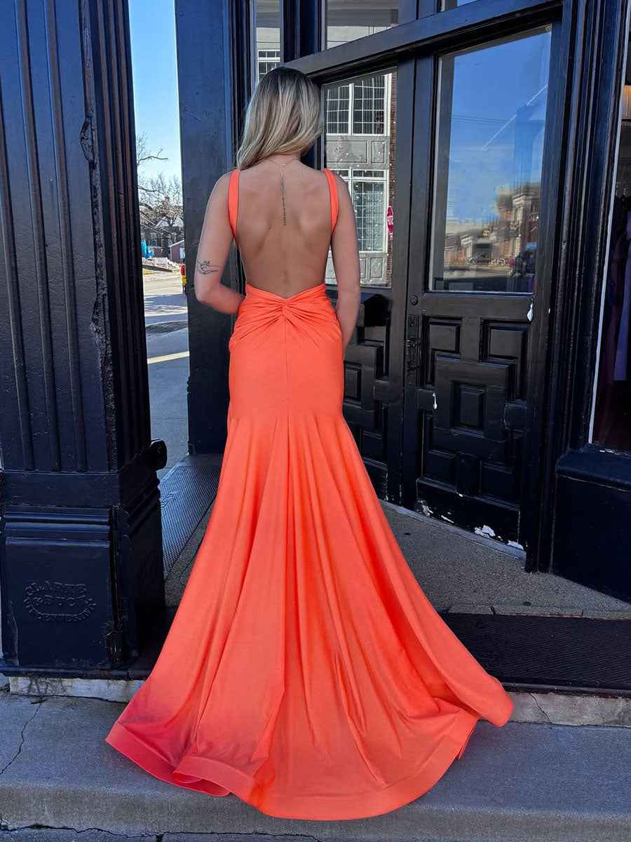 Bright Orange Plunging V Neck Sheath Prom Dress With Slit