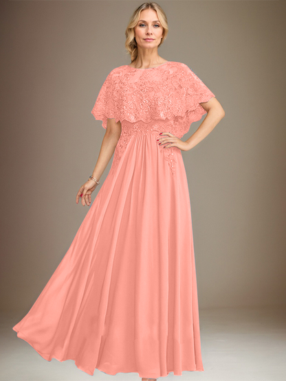 Vestido de madre de la novia de gasa con encaje, escote barco, largo hasta el suelo, con apliques de lentejuelas 