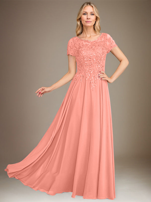 Robe de mère de la mariée en mousseline, longueur au sol, coupe en A, décolleté arrondi, ornée d'appliques et de paillettes