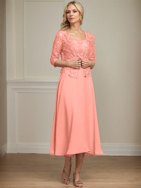A-Linie Quadratisches Wadenlanges Chiffon-Spitzenkleid für die Brautmutter mit Pailletten und Perlen 