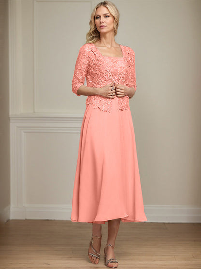 A-Linie Quadratisches Wadenlanges Chiffon-Spitzenkleid für die Brautmutter mit Pailletten und Perlen 