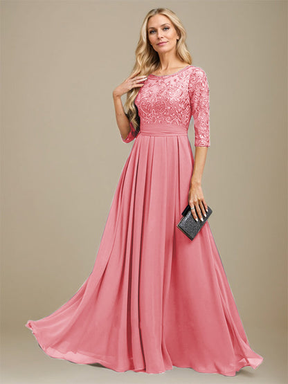 A-Linie U-Ausschnitt Bodenlang Spitzen-Chiffon-Kleid für die Brautmutter mit Paillettenapplikation 