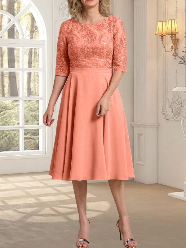 A-Linie U-Ausschnitt Knielang Chiffon Spitzenkleid für die Brautmutter