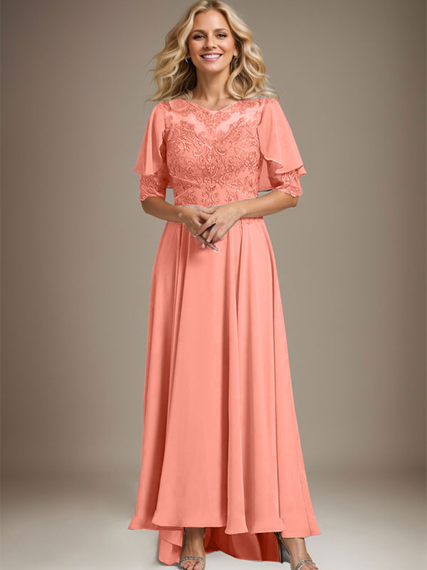 Robe de mère de la mariée en mousseline et dentelle asymétrique à encolure dégagée en ligne A avec perles