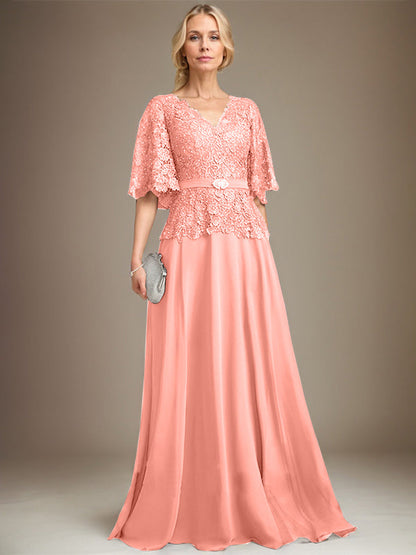 A-Linie V-Ausschnitt Bodenlang Chiffon Spitze Mutter der Braut Kleid Mit Kristall Brosche Strass 