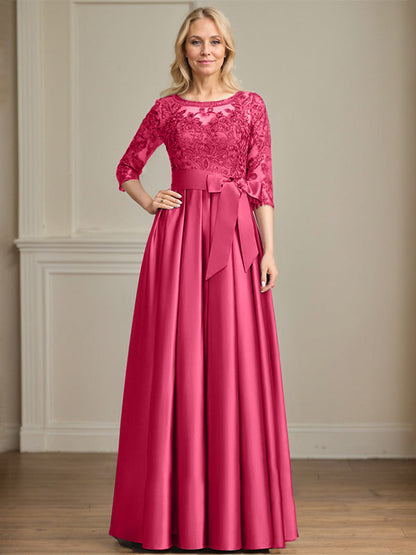 A-Linie, U-Ausschnitt, Illusion, bodenlanges Satin-Spitzenkleid für die Brautmutter mit Paillettenschleife 