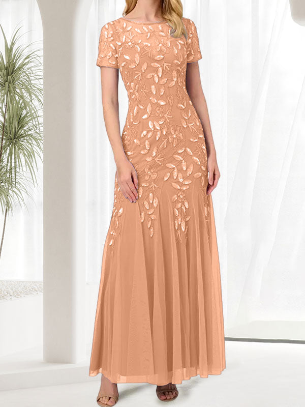 Blue Mermaid Round Neck Long Mother of the Bride Dress With Beadings