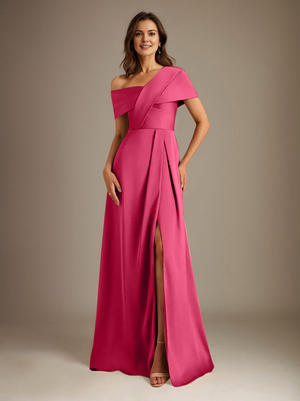 Robe de mère de la mariée en satin, longueur au sol, encolure asymétrique en ligne A avec plis