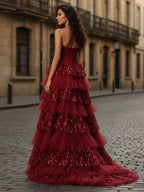 Stunning Red Tiered Long Prom Dress with Sweetheart Neck
