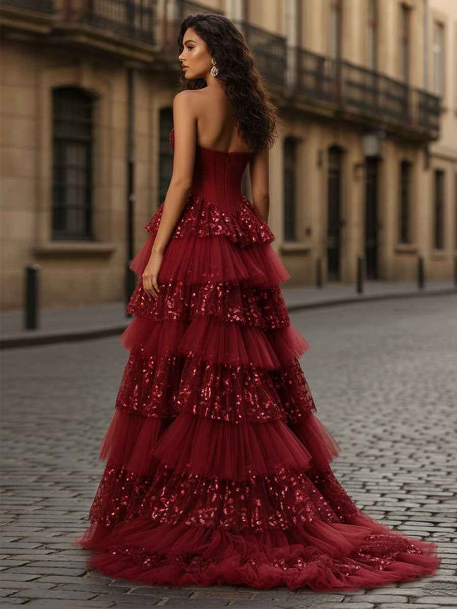 Stunning Red Tiered Long Prom Dress with Sweetheart Neck