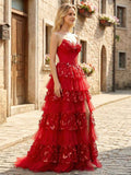 Stunning Red Tiered Long Prom Dress with Sweetheart Neck