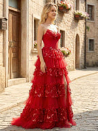 Stunning Red Tiered Long Prom Dress with Sweetheart Neck