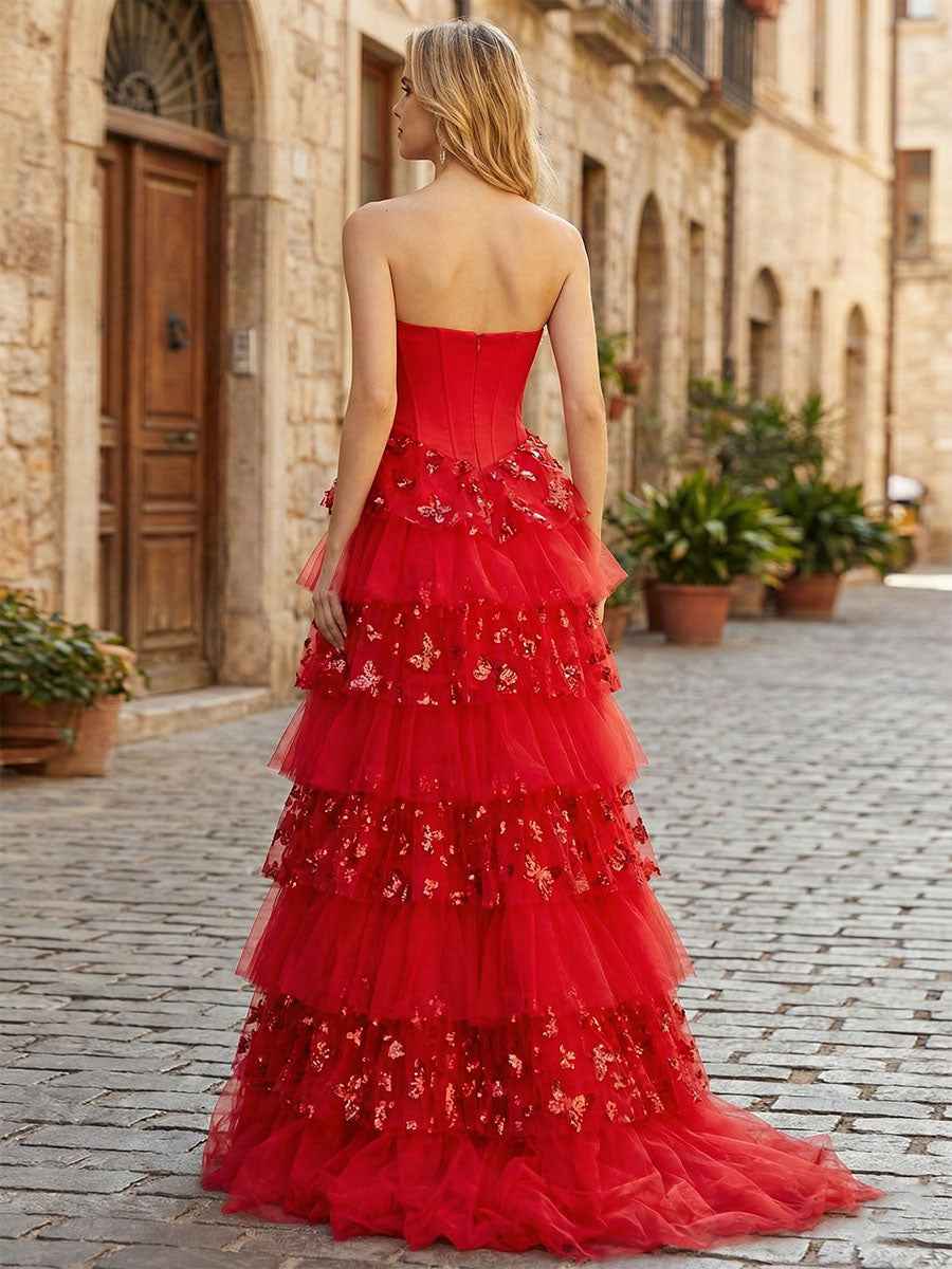 Stunning Red Tiered Long Prom Dress with Sweetheart Neck