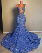 Sapphire Diva Royal Blue Crystal Fringe Mermaid Gown One Shoulder Tassel