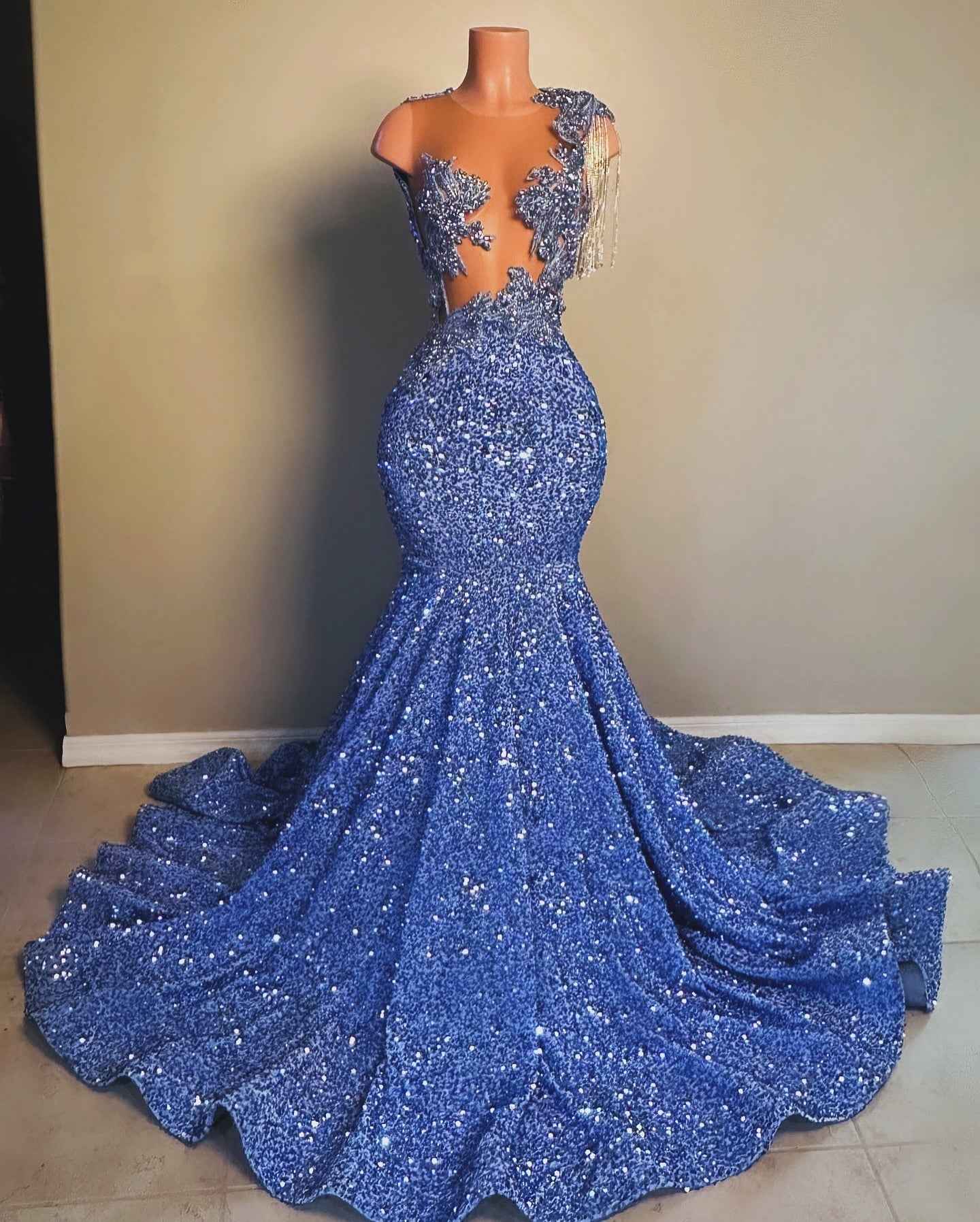 Sapphire Diva Royal Blue Crystal Fringe Mermaid Gown One Shoulder Tassel