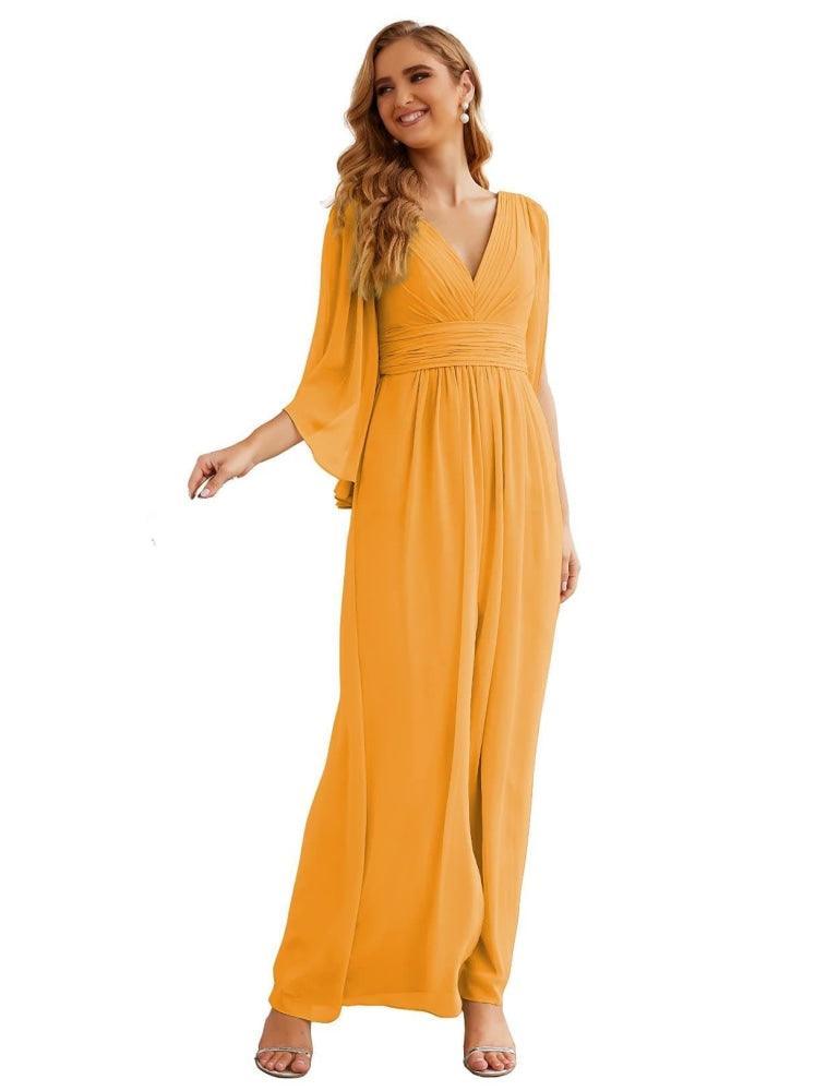 Vestidos de Dama de Honra em Chiffon Numbersea com Fenda para Mulher Vestido Longo de Casamento Festa Baile Manga Sino SEA28045