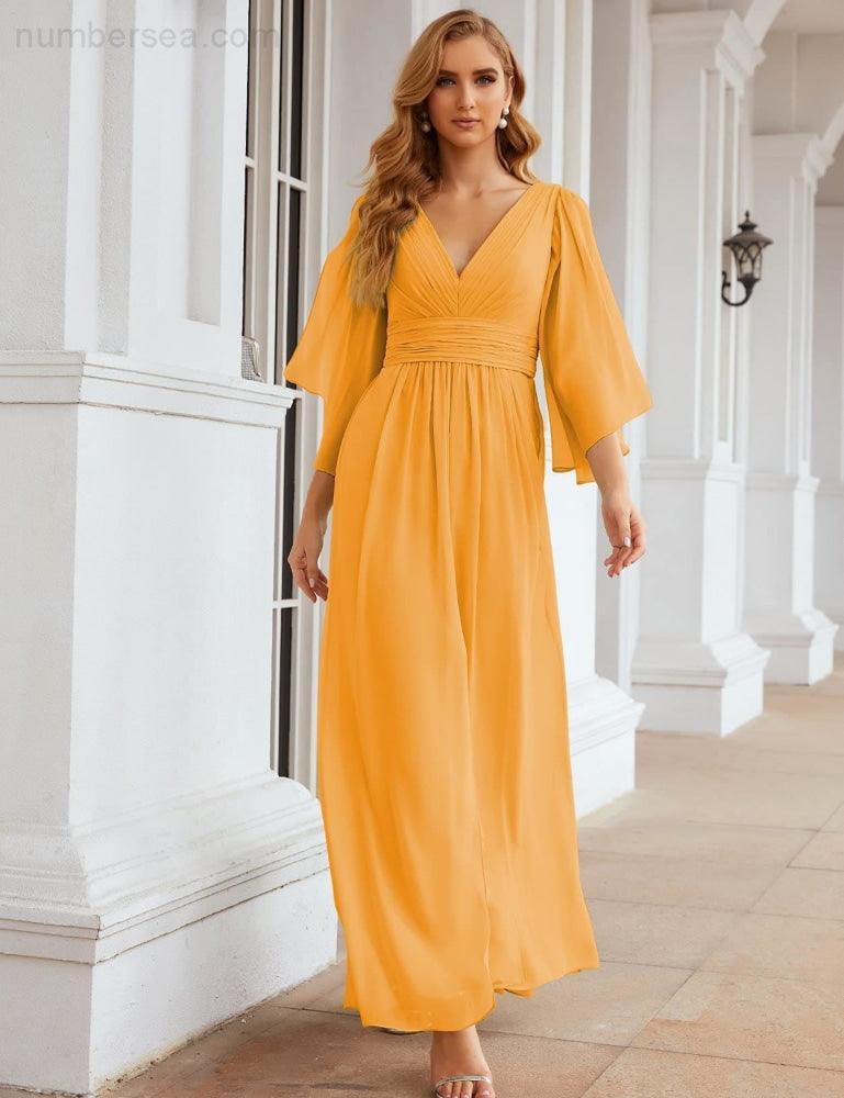 Robes de demoiselle d'honneur en mousseline Numbersea avec fente pour femmes Mariage Longue robe de soirée à manches volantes SEA28045