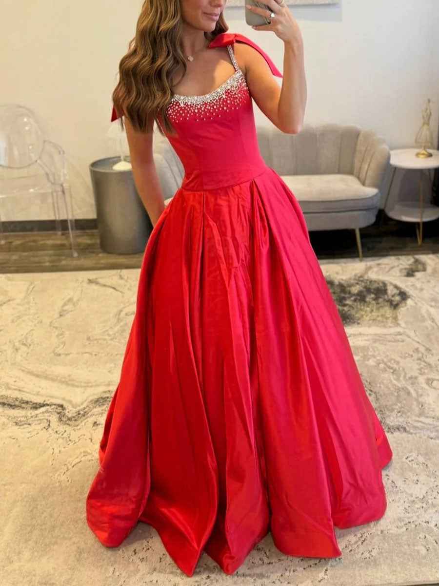 Red Crystal Beaded Bodice Ballgown Prom Dress With Bow Shoulder Straps