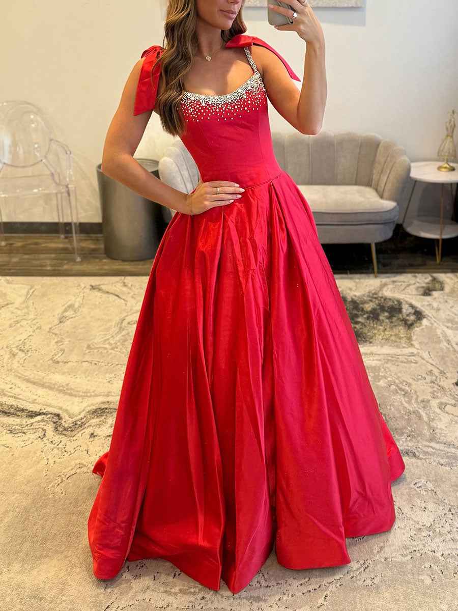 Red Crystal Beaded Bodice Ballgown Prom Dress With Bow Shoulder Straps