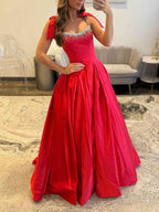 Red Crystal Beaded Bodice Ballgown Prom Dress With Bow Shoulder Straps